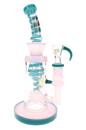 Pink and teal straight tube bong with swirl-striped neck, clear chamber, sphere perc, and matching male bowl
