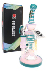 Pink and teal 9″ glass bong with swirl-striped neck, sphere perc, showerhead perc, and clear 14.5 mm bowl