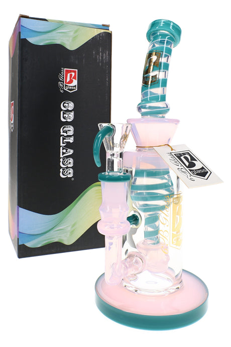 Pink and teal 9″ glass bong with swirl-striped neck, sphere perc, showerhead perc, and clear 14.5 mm bowl