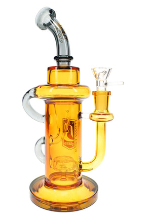 Amber 10″ glass recycler bong with clear curved neck, showerhead perc, and matching 14.5 mm male bowl