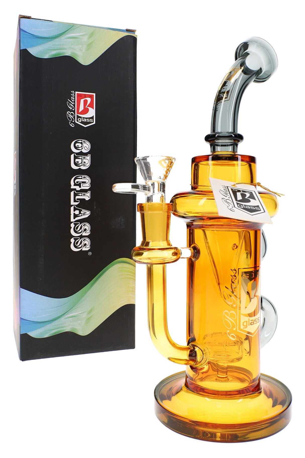 Amber 10″ recycler bong with curved neck, showerhead perc, clear 14.5 mm bowl, and 6B Glass retail box