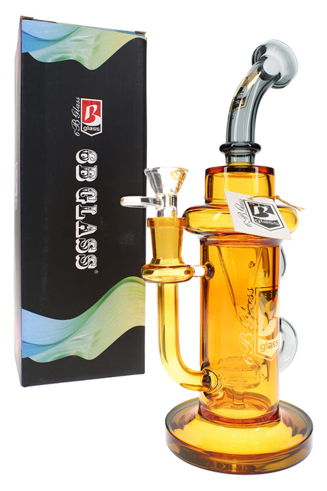 Amber 10″ recycler bong with curved neck, showerhead perc, clear 14.5 mm bowl, and 6B Glass retail box