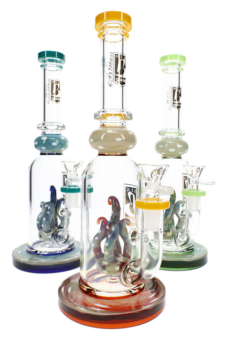 Assorted 10.5″ silver-fumed glass bongs in blue, amber, and green with tentacle showerhead perc details
