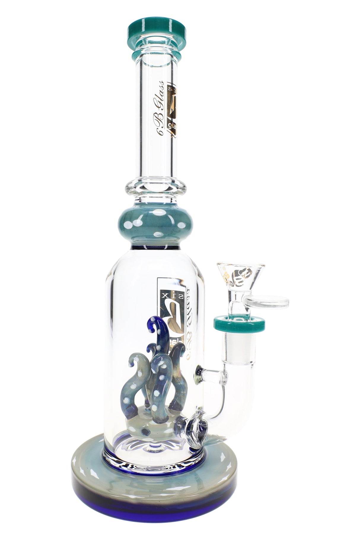 Teal 10.5″ stemless bong with silver-fumed chamber, tentacle-style showerhead perc, and clear male bowl