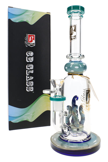 Blue and teal 10.5″ silver-fumed bong with tentacle-style perc accents, straight tube body, and retail box