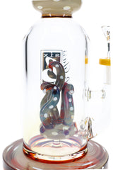 Close-up of silver-fumed bong interior with multicolor tentacle perc accents, clear chamber, and amber details