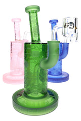 Assorted pink, green, and blue dab rigs with frosted biotech graphics and compact stemless straight bodies