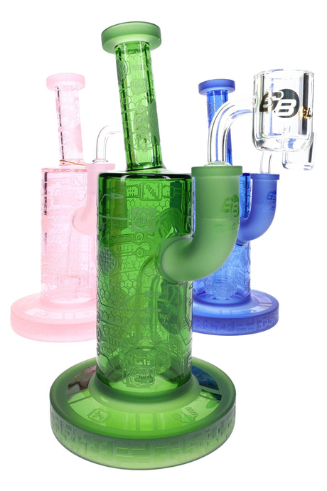 Assorted pink, green, and blue dab rigs with frosted biotech graphics and compact stemless straight bodies