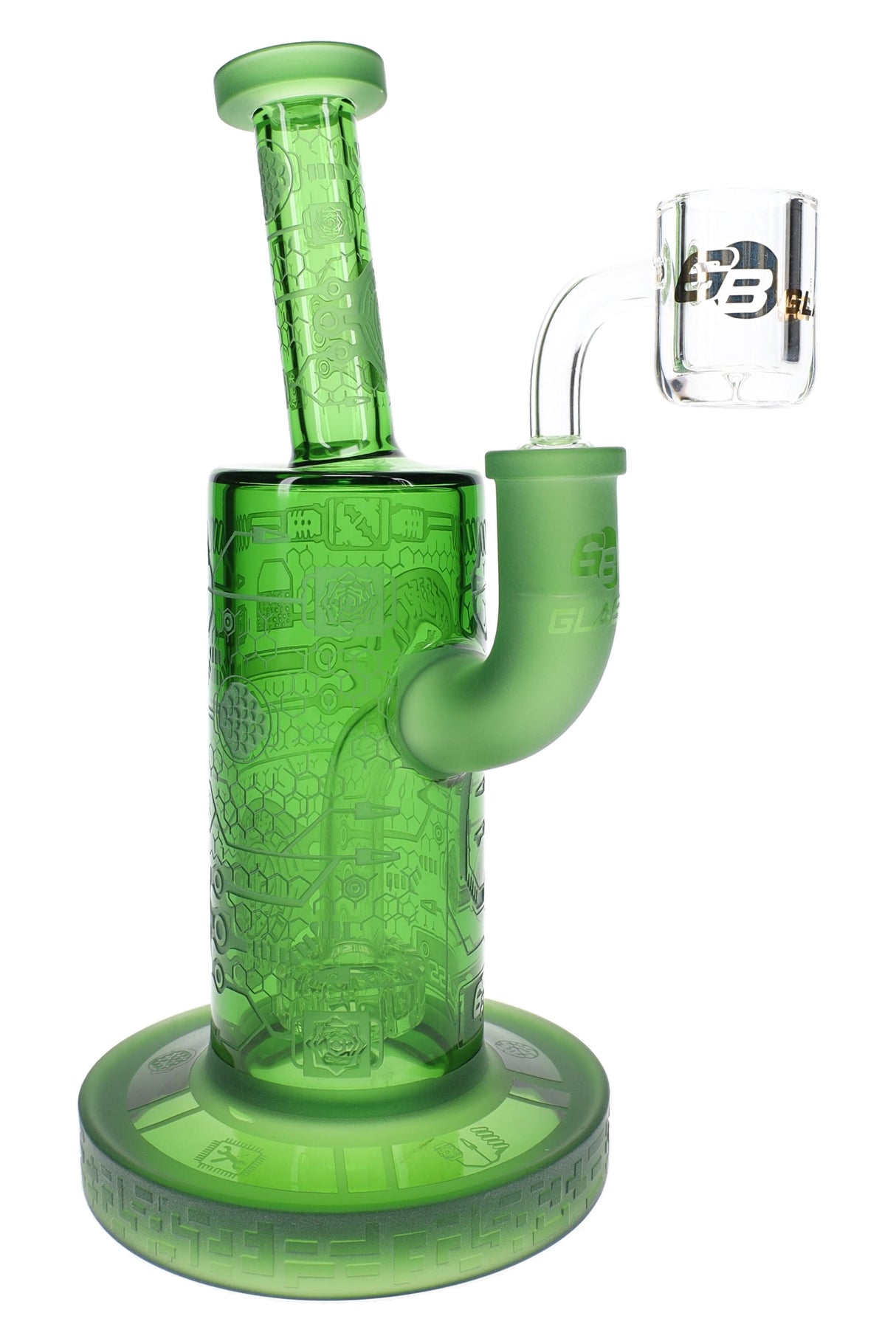 Green 8″ glass dab rig with frosted bent neck, showerhead perc, and clear 14.5 mm quartz-style banger