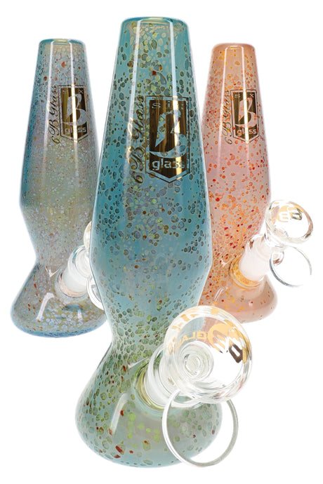 Assorted 6″ silver-fumed beaker bongs in blue, green, and peach with compact stemless glass-on-glass design
