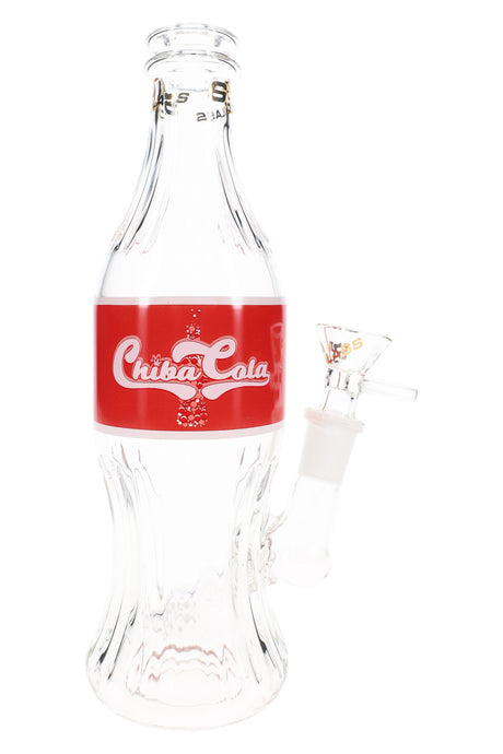 Clear soda bottle water pipe with red label graphic, angled 14.5 mm bowl, and compact novelty glass shape