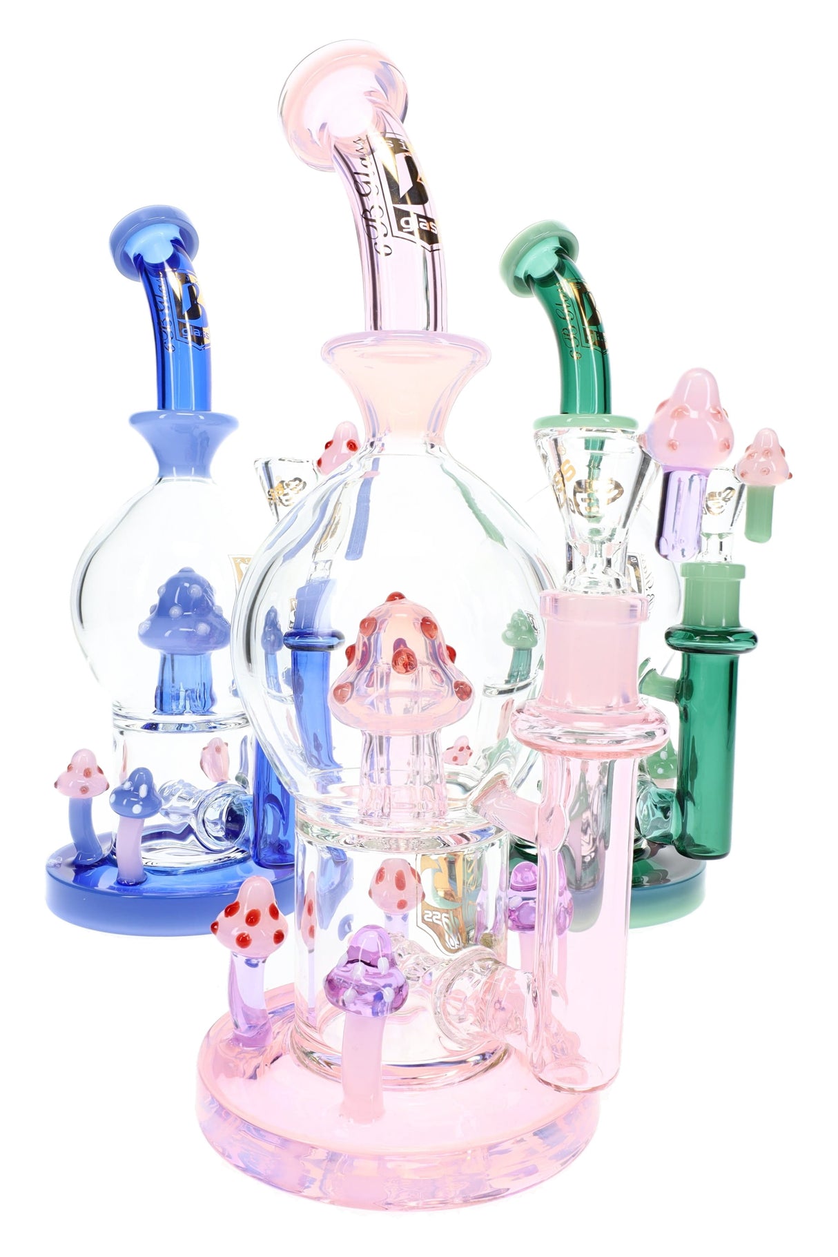 Assorted 10″ glass bongs in pink, blue, and green with inline perc chambers and colorful mushroom accents