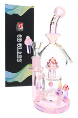 Pink 10″ glass bong with inline perc, mushroom accents, clear 14.5 mm bowl, and 6B Glass retail box
