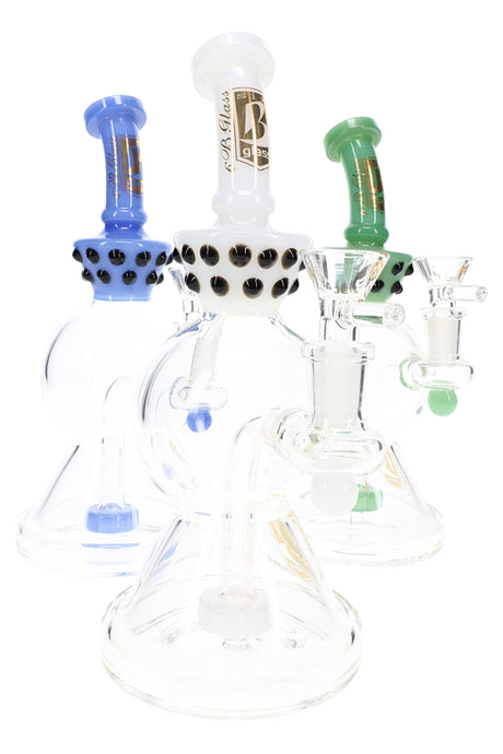 Assorted 9″ glass bongs in white, blue, and green with marble accent rings and stemless beaker design