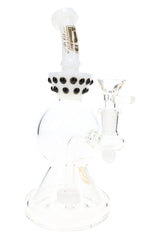 White 9″ stemless beaker bong with black marble accents, showerhead perc, and clear male glass bowl