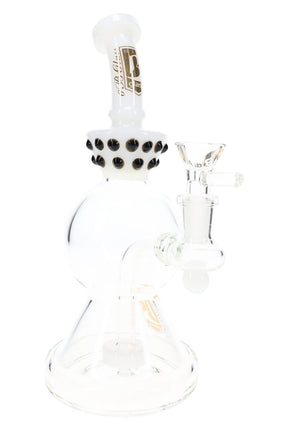 White 9″ stemless beaker bong with black marble accents, showerhead perc, and clear male glass bowl