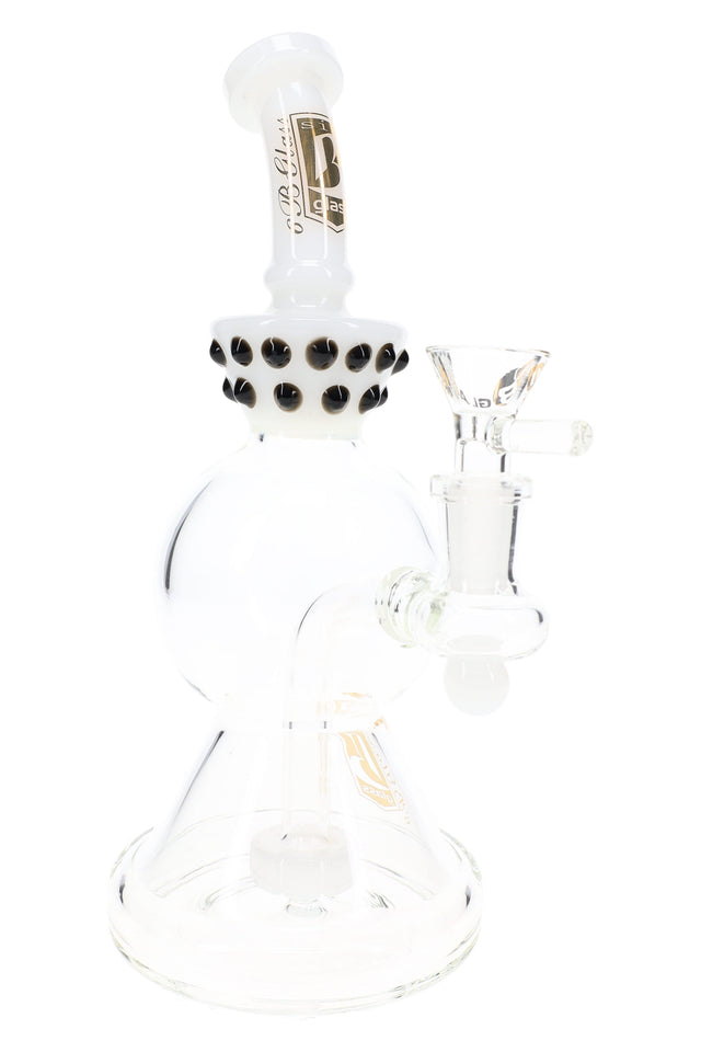 White 9″ stemless beaker bong with black marble accents, showerhead perc, and clear male glass bowl