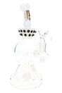 White 9″ stemless beaker bong with black marble accents, showerhead perc, and clear male glass bowl