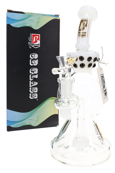 White 9″ glass bong with black marble accents, showerhead perc, clear 14.5 mm bowl, and 6B Glass box