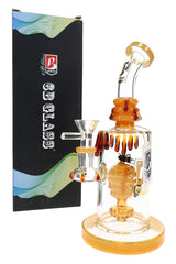 Amber bee water pipe with honey-drip top, beehive center chamber, showerhead perc, and male glass bowl