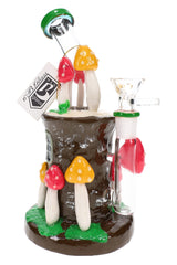 Green mushroom-themed glass bong with resin cottage body, inline perc chamber, and clear male bowl