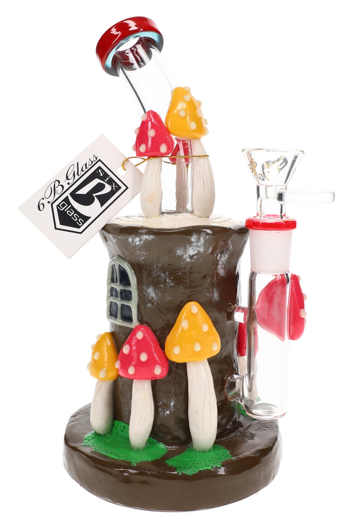 8″ glass bong with brown resin mushroom house body, bright mushroom caps, and clear 14.5 mm bowl