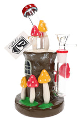 8″ glass bong with brown resin mushroom house body, bright mushroom caps, and clear 14.5 mm bowl