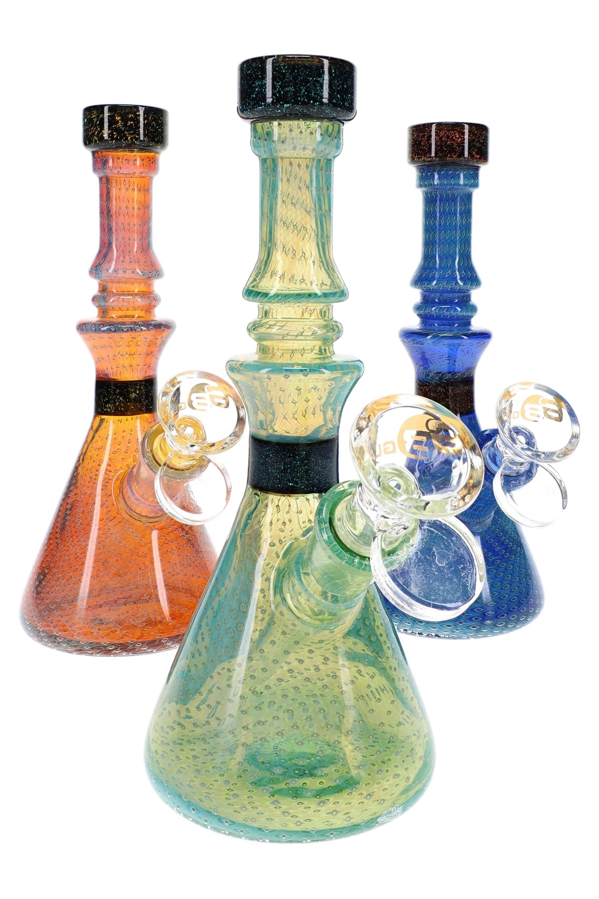 Assorted 7″ glass bongs in orange, green, and blue with bubble texture, dichro accents, and beaker bases