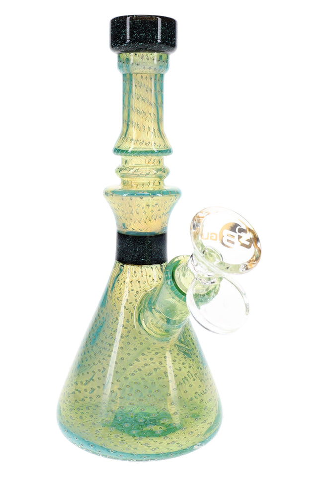 Green 7″ silver-fumed bong with textured bubble chamber, black dichro bands, and clear male glass bowl