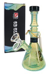 Green 7″ beaker bong with silver-fumed bubble texture, black dichro accents, clear 14.5 mm bowl, and retail box