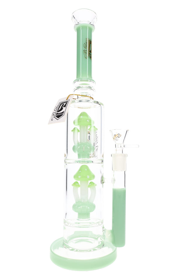 Mint green 14″ glass bong with dual mushroom showerhead percs, straight shooter body, and clear 14.5 mm bowl