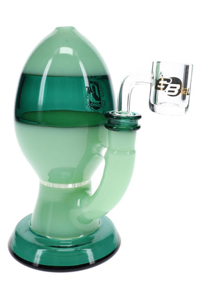 Green 6.5″ egg dab rig with clear 14.5 mm banger, frosted lower chamber, and compact honeycomb perc