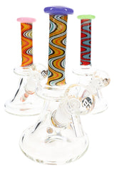 Assorted 6″ glass bongs with pink, purple, and green rims plus colorful reverse neck designs