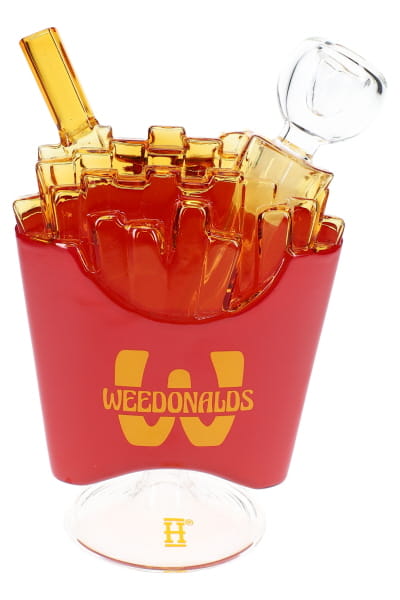 Compact French fry glass bong with red Weedonald’s base, clear bowl, and playful fast-food-inspired design