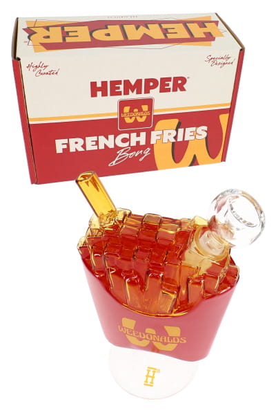 6-inch novelty glass bong shaped like a French fry carton with red base, amber fry top, and HEMPER box behind