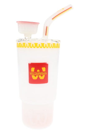 Frosted soda cup glass bong with Weedonald’s logo, yellow rim, red bowl, and curved straw-style neck