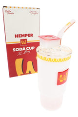 8-inch novelty glass bong shaped like a frosted soda cup with red bowl, bent straw neck, and HEMPER box behind
