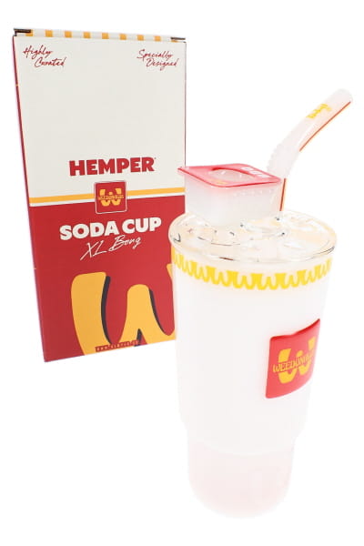 8-inch novelty glass bong shaped like a frosted soda cup with red bowl, bent straw neck, and HEMPER box behind
