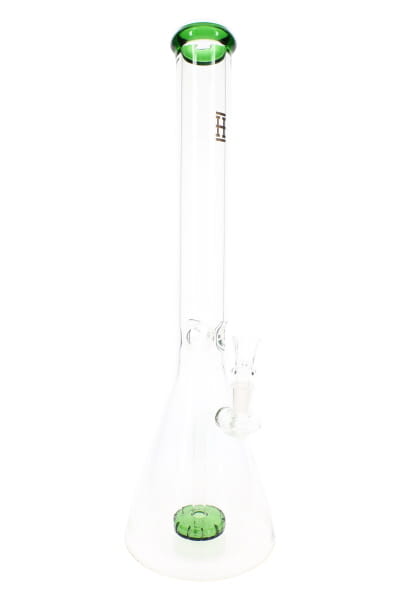 Clear 18-inch glass beaker bong with colored accents, straight neck, and scientific water pipe styling