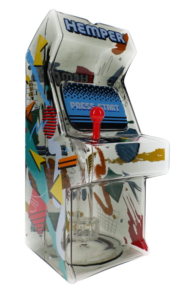 Retro arcade glass bong with transparent black finish, blue screen graphic, and red joystick detail