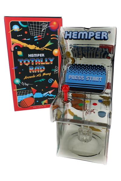 9.5-inch novelty glass bong shaped like an arcade cabinet with smoky body, red joystick, and HEMPER box