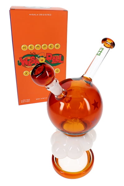 10-inch glass bong with amber orb chamber, cloud-shaped base, and HEMPER retail box in angled view