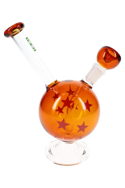 Wish Ball glass bong with amber sphere body, clear pedestal base, and angled stem in front view