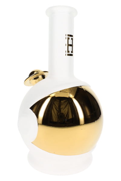 Space Fleet XL glass bong with frosted clear helmet body, gold foil visor, and angled bowl close-up