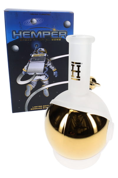 9-inch glass bong shaped like an astronaut helmet with frosted body, gold visor, and HEMPER retail box