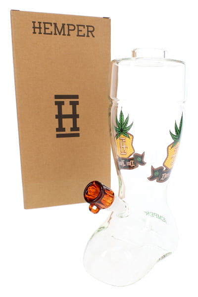 Clear 10-inch glass bong shaped like a beer boot with themed decals and HEMPER retail box in angled view