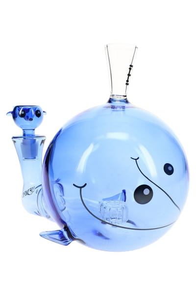 6.25-inch blue whale glass bong with showerhead perc, whale flower bowl, and rounded aquatic design