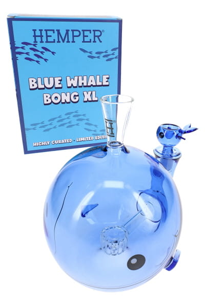 Blue whale novelty glass bong with clear spout mouthpiece, whale-tail joint, and HEMPER retail box in view