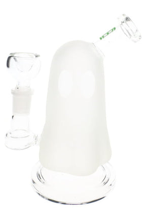 Ghost-shaped novelty glass bong with frosted body, clear eye details, and 14 mm flower bowl