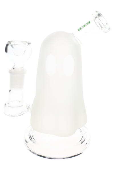 Ghost-shaped novelty glass bong with frosted body, clear eye details, and 14 mm flower bowl